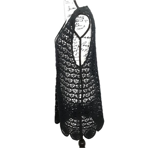 Vintage 80s Crochet Cardigan Black Bohemian Duster Knit Vest Lagenlook Festival - Picture 2 of 12